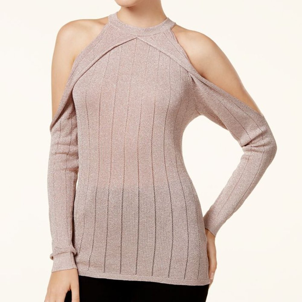 NWT GUESS M Small Sera Sheer Metallic Cold-Shoulder Sweater Pink Gray Lurex
